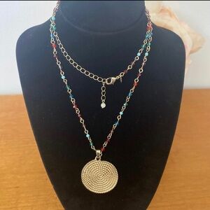 Colorful Beaded Necklace with Goldtone Pendant 19”